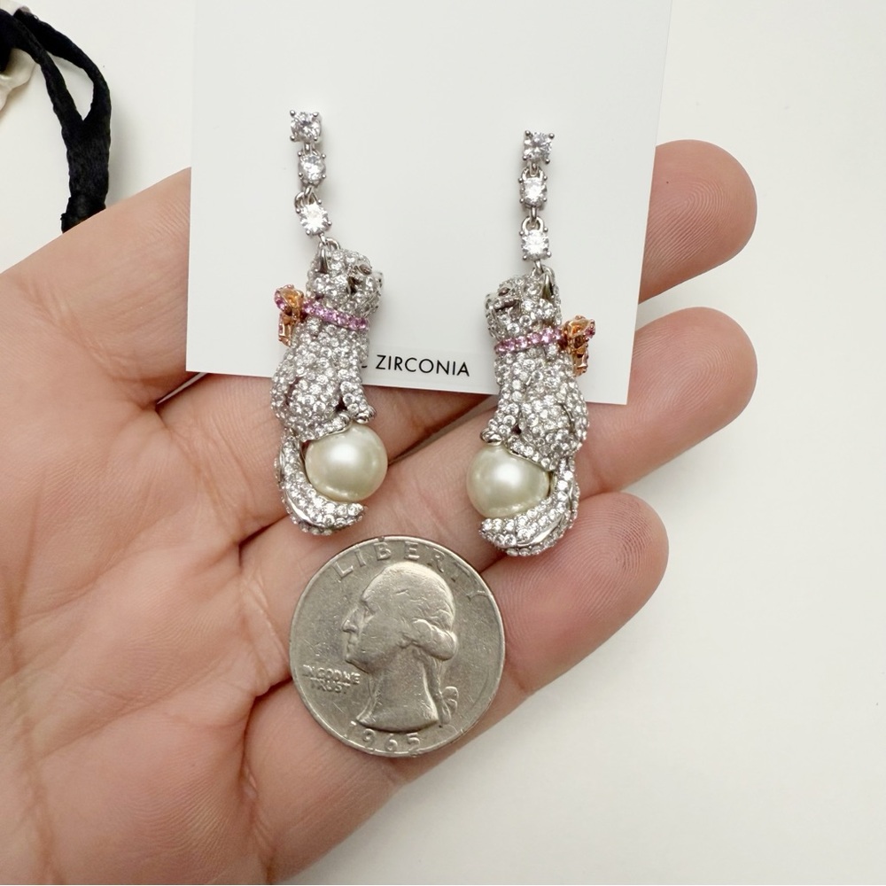 Kate Spade Pawlina Cat with Pink Bow Rhinestone Faux Pearl Linear Earrings NEW - Picture 3 of 8
